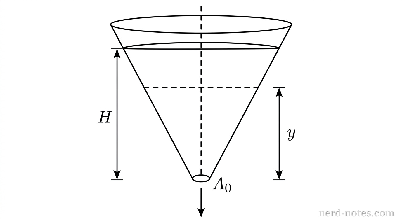 Conical tank draining through a bottom opening.