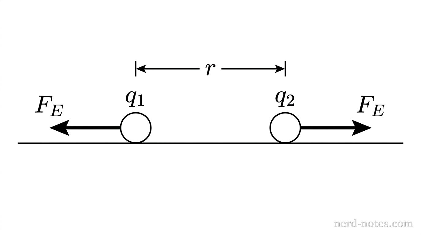 Experimental setup with two charged spheres separated by distance r.
