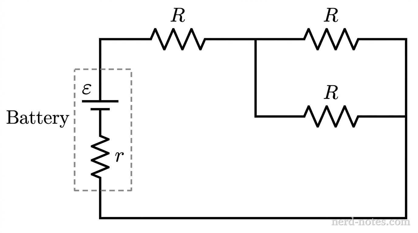 Circuit schematic with a non-ideal battery and three external resistors.