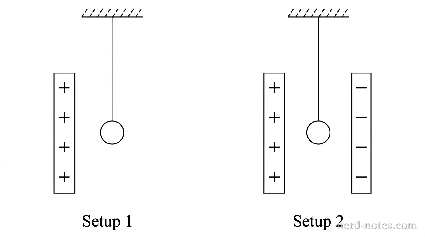 A neutral conducting sphere suspended near a charged rod (left) and between parallel plates (right).