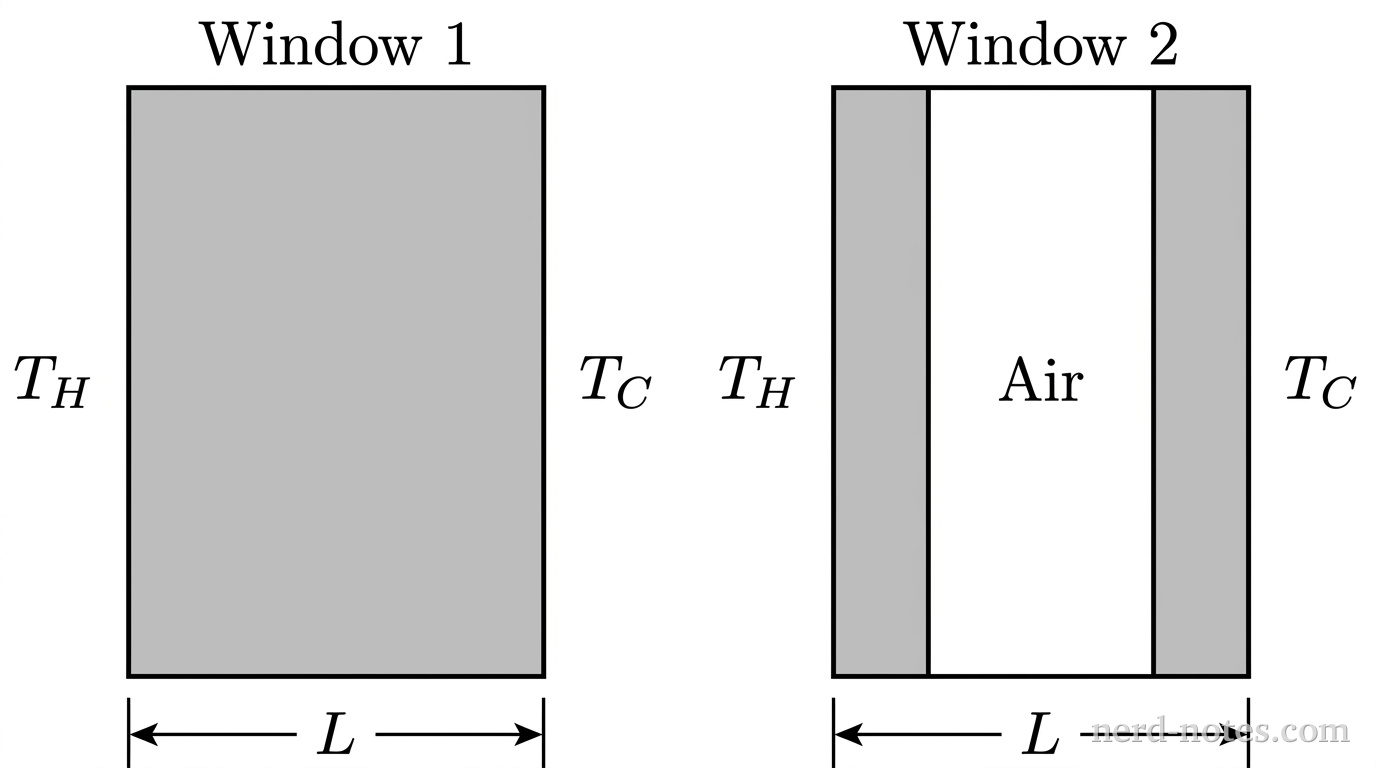 Cross sections of Window 1 (single solid pane) and Window 2 (double pane with trapped air).