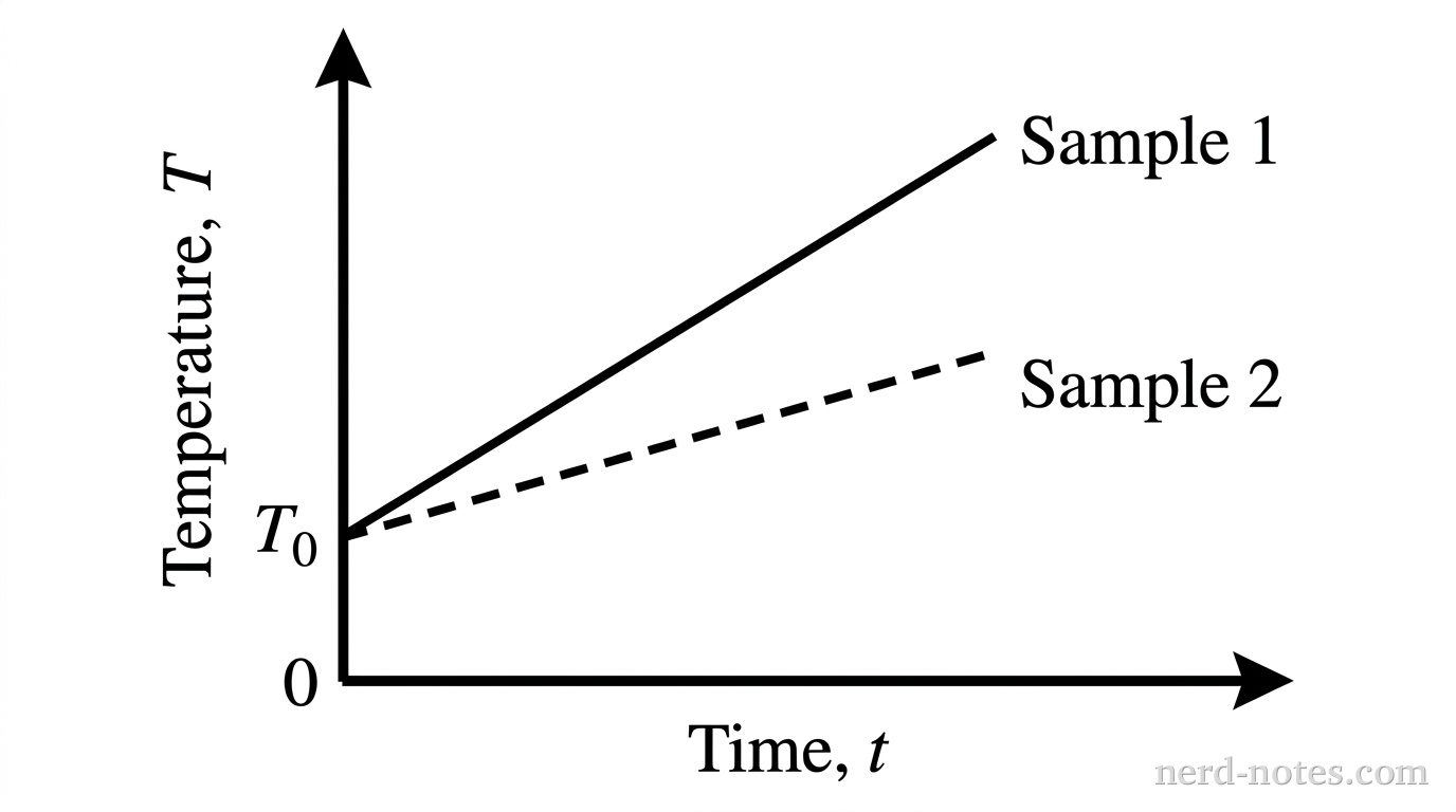 Temperature versus time for two heated liquid samples.