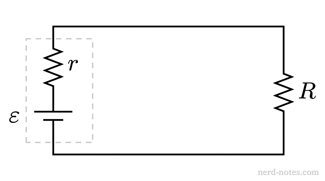 Circuit with a real battery and variable external load.