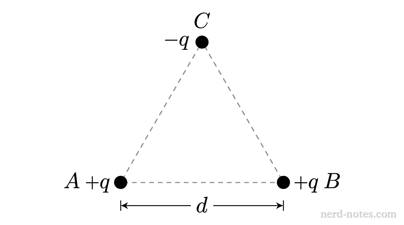 Three point charges fixed at the vertices of an equilateral triangle.