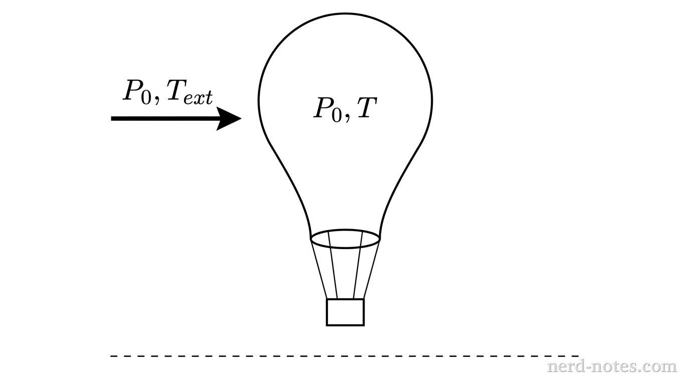 Schematic of a hot-air balloon with an open bottom in surrounding atmospheric air.