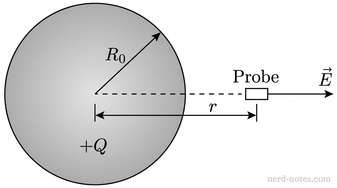 Charged sphere of radius \(R_0\) with an electric field probe located at radial distance \(r\).