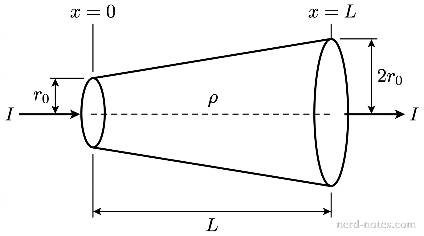 A truncated conical conductor of length L carrying a steady current I.