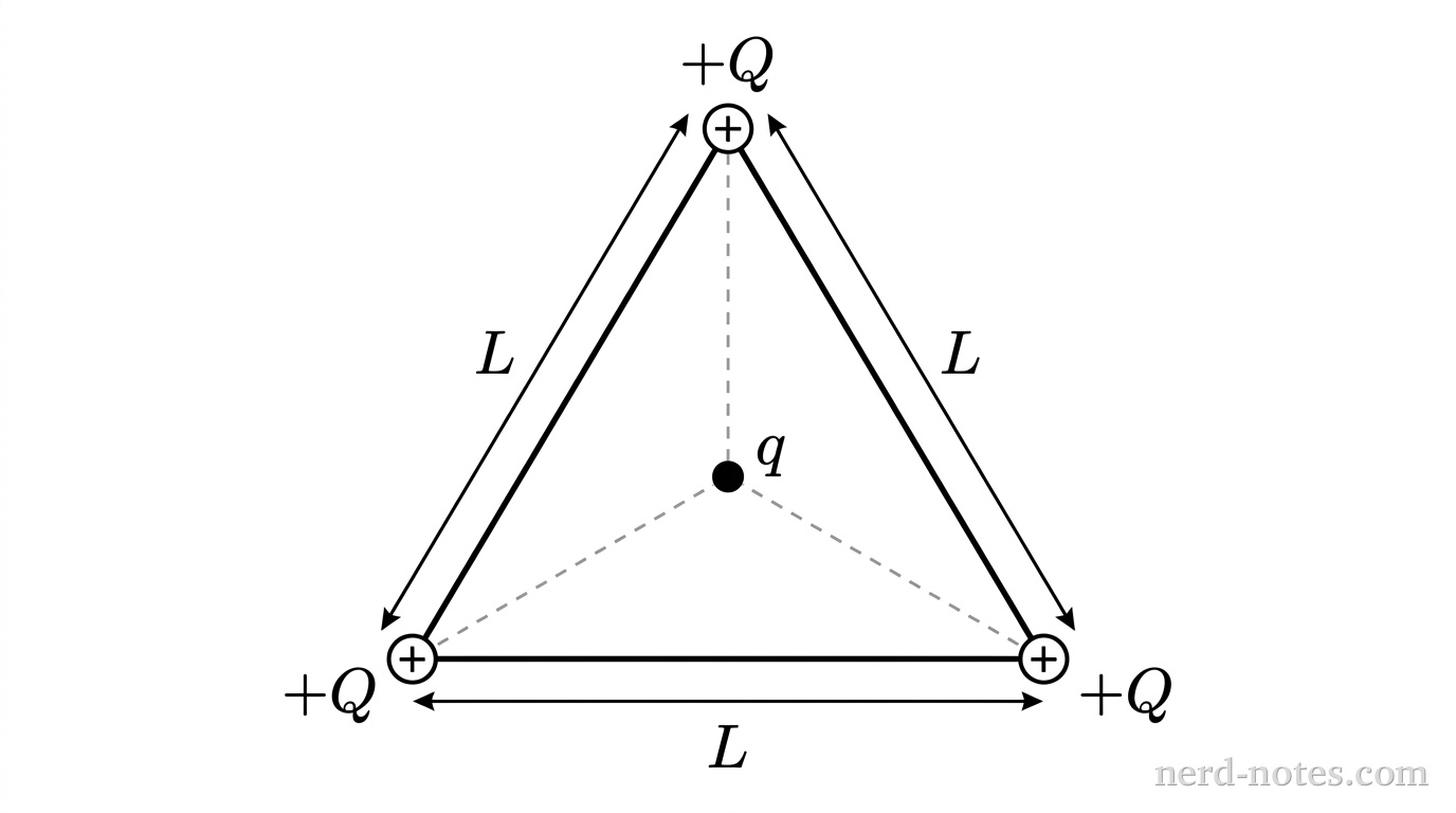 Four point charges arranged in an equilateral triangle configuration.