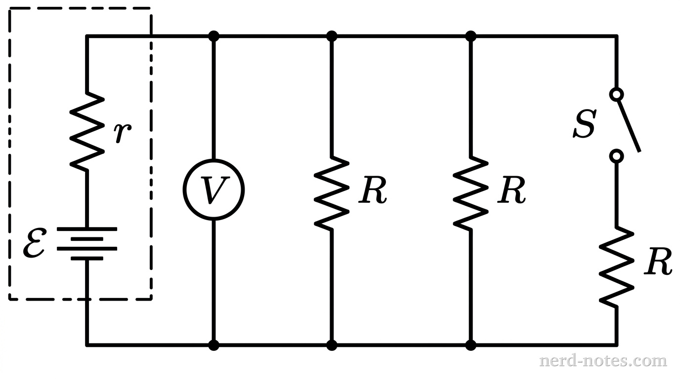 A real battery connected to a parallel resistor network with a switchable third branch.