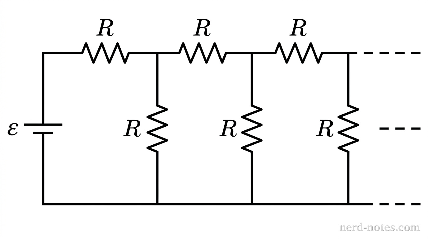 An infinite ladder network of identical resistors connected to an ideal battery.