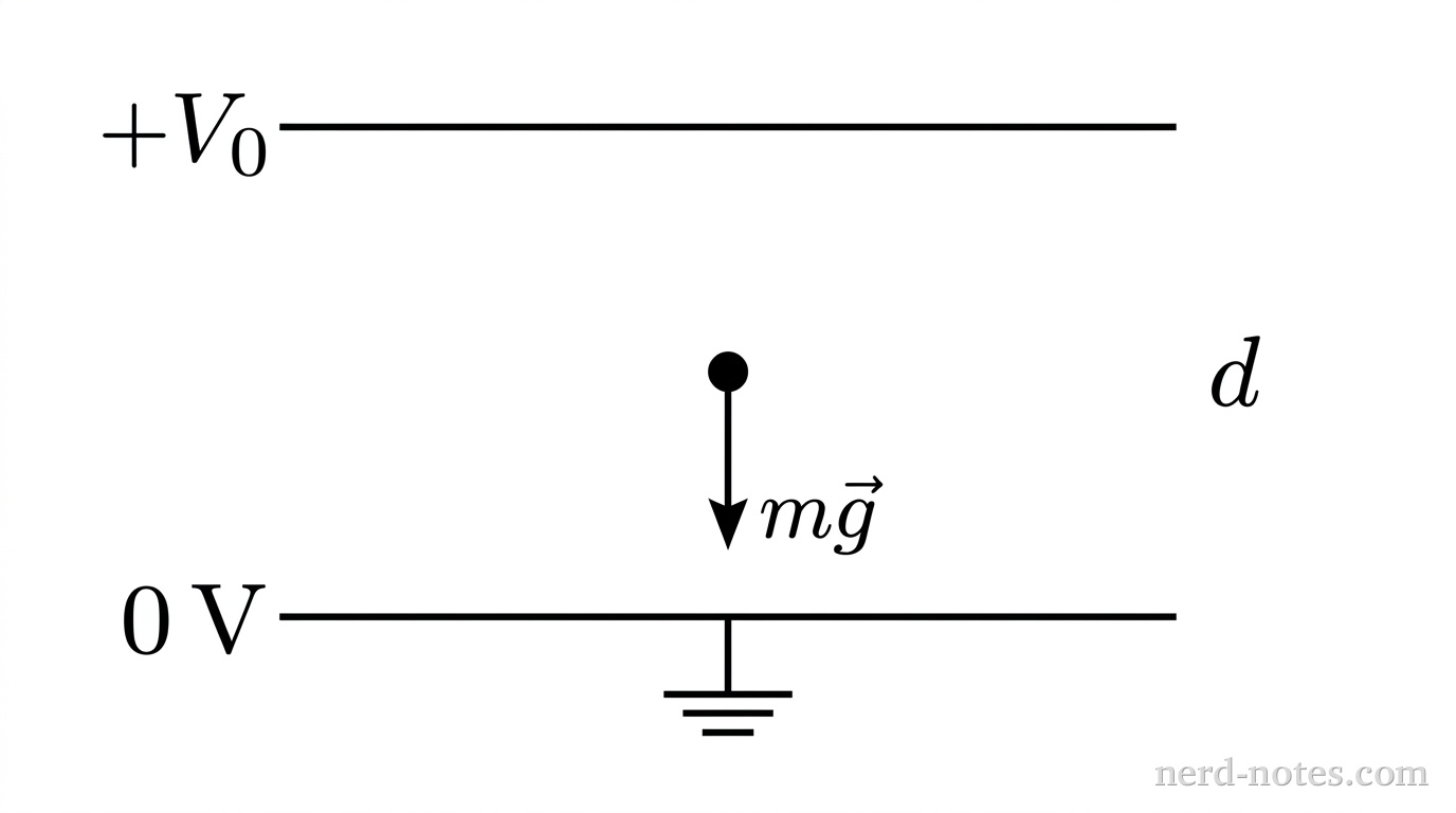 An oil droplet suspended in static equilibrium between parallel plates.