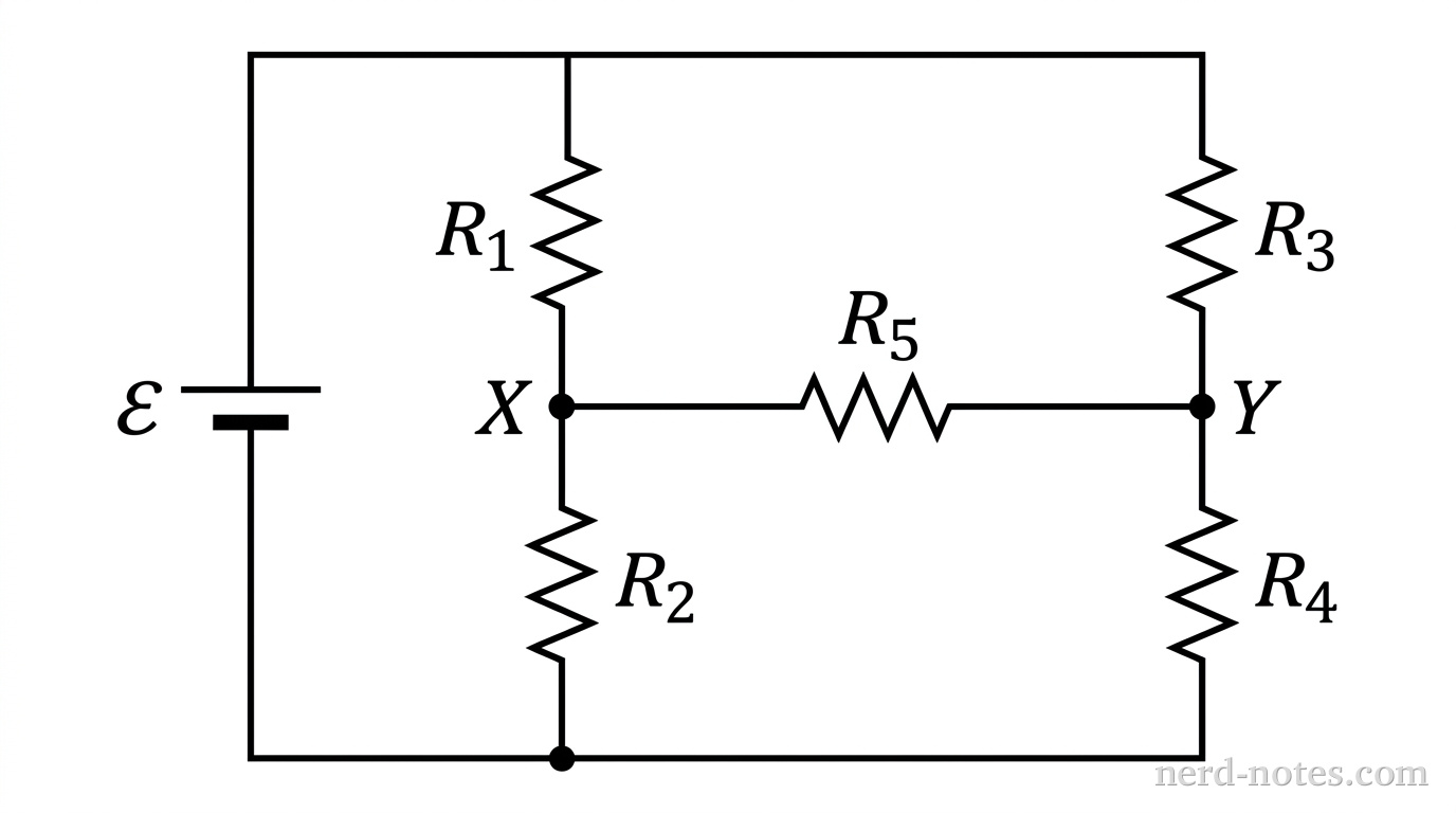 Circuit schematic showing the five-resistor bridge network connected across an ideal battery.