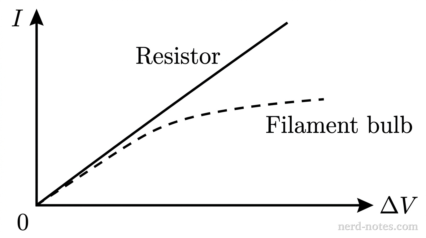 Current versus potential difference for a resistor and a filament bulb.