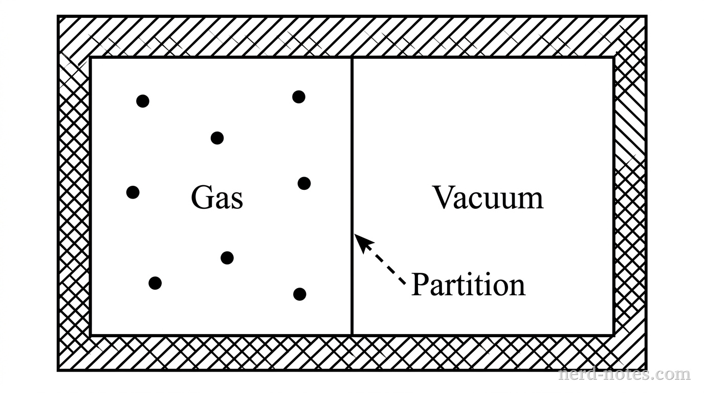 A horizontal rectangular container with thick crosshatched walls indicating thermal insulation. A vertical thin line in the exact center divides the container into two equal left and right chambers. The left chamber contains six small solid black dots distributed throughout its volume, labeled Gas. The right chamber contains no particles and is labeled Vacuum. A dashed arrow points to the central vertical dividing line, labeled Partition. No other labels, lines, text, or axes appear.
