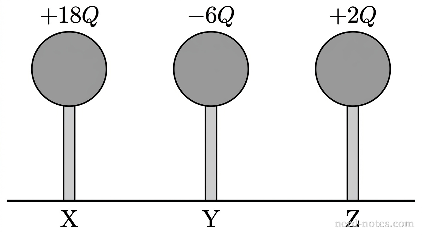 Three identical conducting spheres on insulating stands with initial charges.