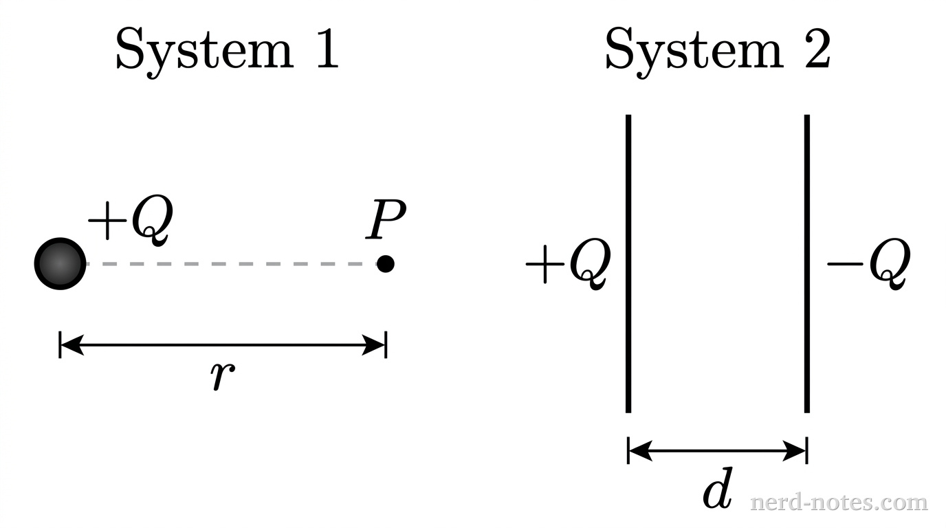 Schematic diagrams of the point charge system and the parallel-plate capacitor system.