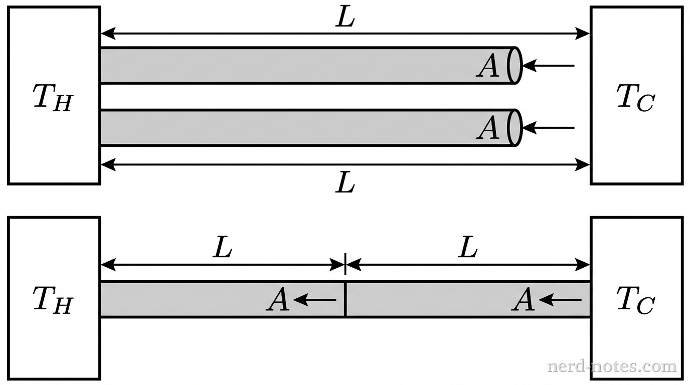 Identical conducting rods connected between thermal reservoirs in parallel and series configurations.