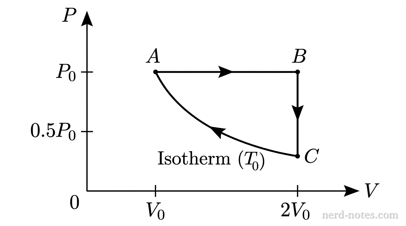 P-V diagram for a three-step thermodynamic cycle of an ideal gas.