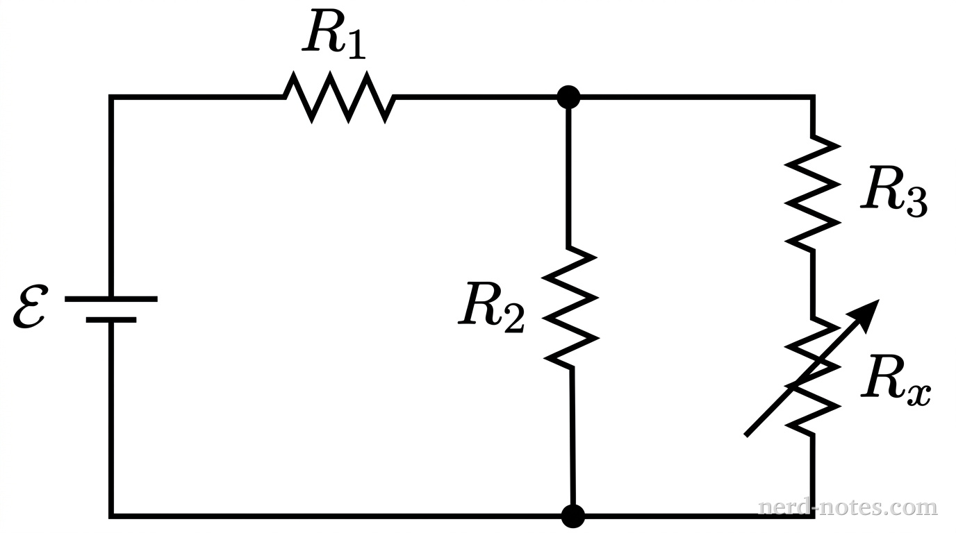Circuit schematic showing the battery, fixed resistors, and variable resistor.