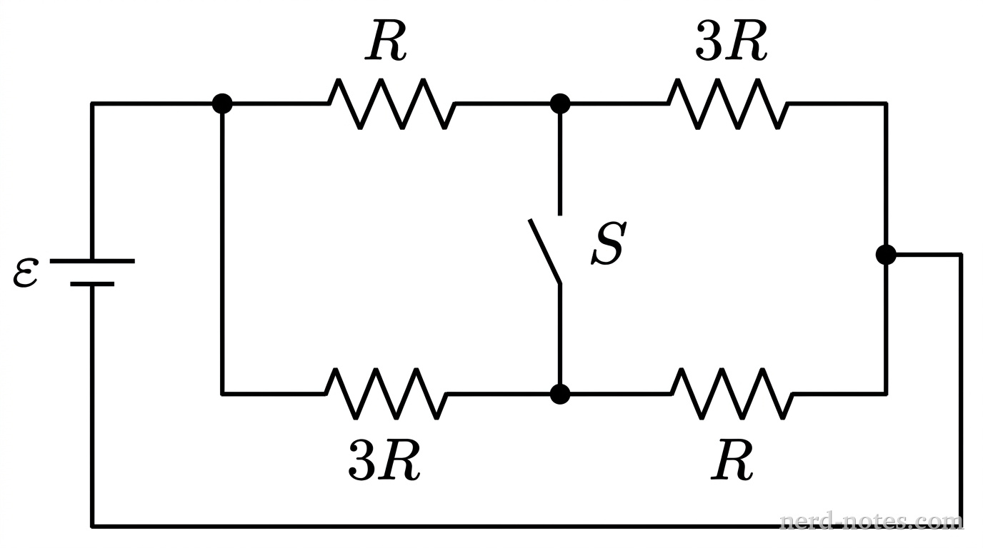 Circuit schematic with four resistors, a switch, and an ideal battery.