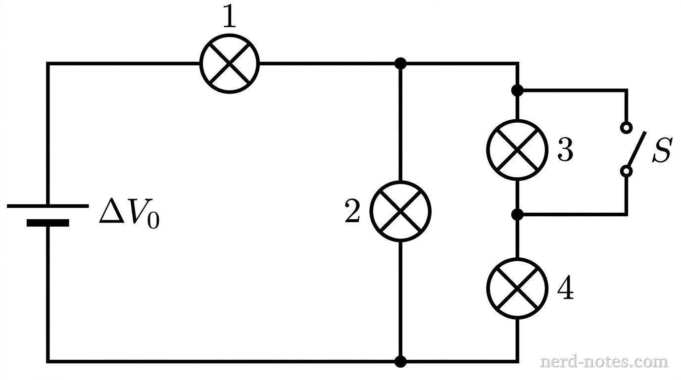 Circuit schematic containing four identical lightbulbs and a switch.