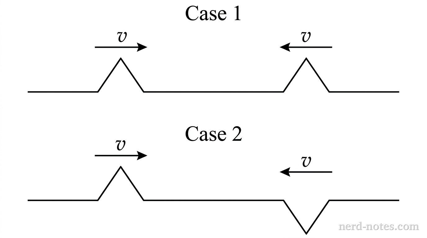 Two horizontal parallel axes labeled Case 1 and Case 2. In Case 1, a horizontal baseline represents the string with two identical upward triangular pulses moving toward each other, each accompanied by a horizontal arrow labeled v indicating their opposing directions of travel. In Case 2, a similar horizontal baseline shows one upward triangular pulse moving right with an arrow labeled v and one downward triangular pulse of identical shape moving left with an arrow labeled v. No other labels, lines, text, or axes appear.