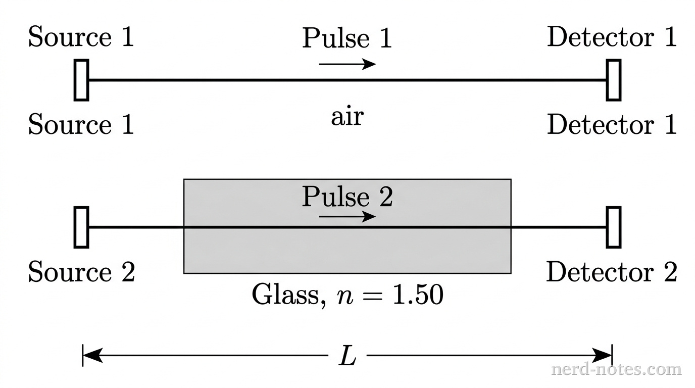 A horizontal schematic showing two parallel light paths, one above the other. The top path starts at a small vertical rectangle on the left labeled Source 1 and extends horizontally to the right across open space labeled air to a small vertical rectangle on the right labeled Detector 1. The bottom path starts at a matching small vertical rectangle on the left labeled Source 2, passes horizontally through a light gray shaded rectangle labeled Glass, n = 1.50, and reaches a matching small vertical rectangle on the right labeled Detector 2. A horizontal dimension line with arrows at both ends spans the distance between the sources and detectors and is labeled L. A small horizontal right-pointing arrow labeled Pulse 1 sits in the top path, and a matching right-pointing arrow labeled Pulse 2 sits in the bottom path. No other labels, lines, text, or axes appear.