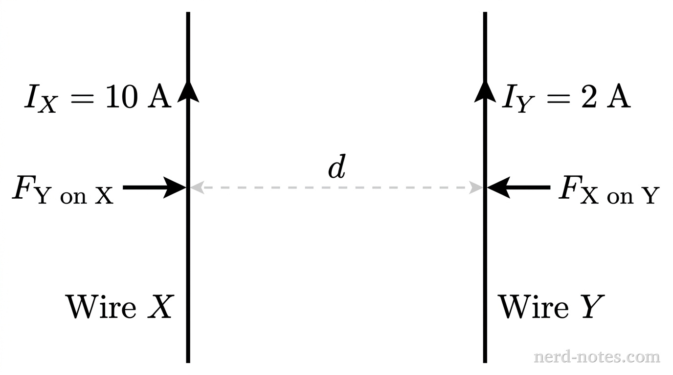 Two parallel current-carrying wires separated by distance d with mutual attractive magnetic forces.