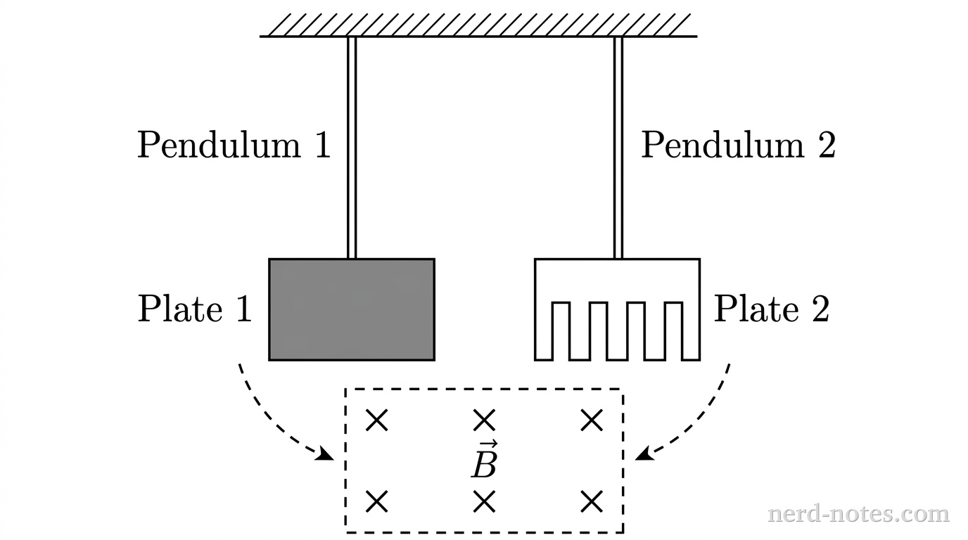 Two pendulum setups side by side labeled Pendulum 1 and Pendulum 2. A horizontal support line at the top anchors two vertical pivot lines. From the left pivot, a thin vertical rod connects to a solid filled gray rectangle labeled Plate 1. From the right pivot, a thin vertical rod connects to an identical rectangular outline labeled Plate 2, containing four vertical rectangular cutouts extending from the bottom upward, dividing the plate into comb-like teeth. Below both resting pendulums is a dashed rectangular region containing six evenly spaced cross marks indicating a uniform magnetic field directed into the page, labeled \vec{B}. Curved dashed arrows indicate the downward swing direction of both plates toward the magnetic field region. No other labels, lines, text, or axes appear.