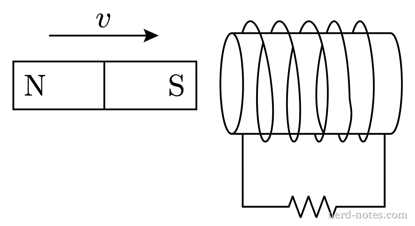 A horizontal diagram showing a rectangular bar magnet on the left and a cylindrical solenoid on the right. The bar magnet is divided into two halves, with the left half labeled N and the right half labeled S. A horizontal arrow pointing to the right above the magnet indicates its velocity v toward the solenoid. To the right of the magnet is a stationary cylindrical solenoid with five visible loops of wire forming a closed loop with a simple resistor symbol at the bottom. The left face of the solenoid is positioned directly across from the south pole of the bar magnet. No other labels, lines, text, or axes appear.