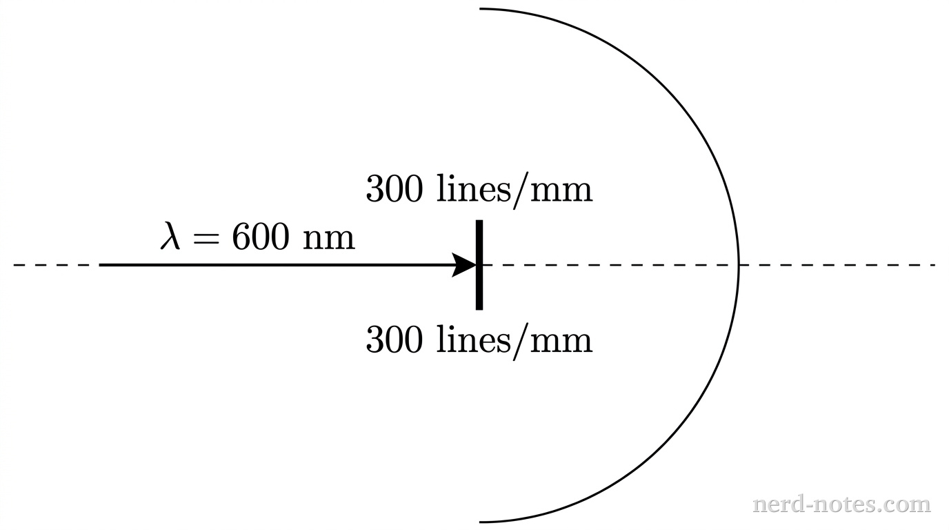 A top-down schematic view of an optical setup. A horizontal dashed central axis extends from left to right. On the left, a horizontal solid arrow pointing to the right along the central axis represents the incident laser beam, labeled with wavelength \(\lambda = 600\text{ nm}\). The beam strikes a small vertical line segment at the center representing a diffraction grating, labeled \(300\text{ lines/mm}\). To the right of the grating, a large semicircular arc centered on the grating represents the screen. No other labels, lines, text, or axes appear.