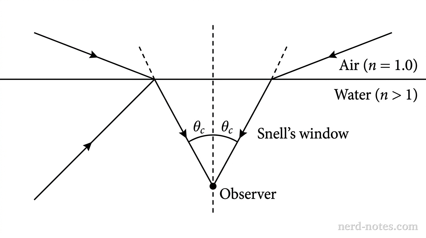 A 2D cross-sectional diagram showing a horizontal solid line representing a flat water-air interface with air above (n = 1.0) and water below (n > 1). A point labeled 'Observer' is located at a depth below the surface. Two dashed lines extend upward from the Observer to the surface at symmetrical angles \theta_c to a central vertical dashed normal line, defining a cone labeled 'Snell\'s window'. Two light rays in the air approach the surface from opposite horizons nearly parallel to the surface and refract downward along the dashed cone boundaries toward the Observer. A light ray starts underwater from the lower left, travels upward-right toward the surface at an angle greater than \theta_c to the surface normal, and reflects downward toward the Observer. No other labels, lines, text, or axes appear.