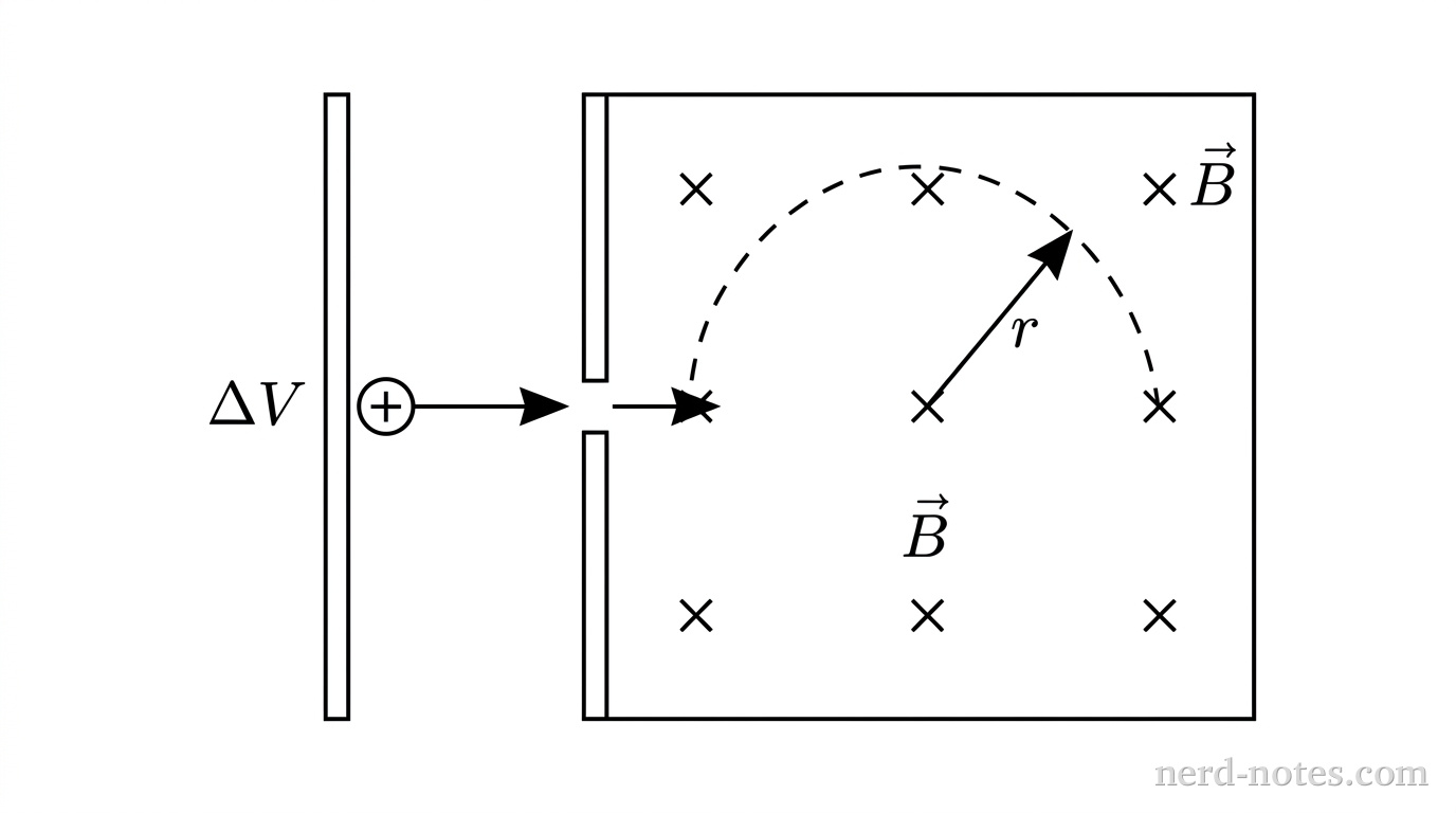 A schematic diagram showing two parallel vertical conducting plates on the left separated by a gap labeled with potential difference \Delta V. A positive charge starts from rest at the left plate and passes horizontally through a small opening in the right plate. To the right of the plates, a rectangular region contains a uniform grid of six small cross symbols indicating a magnetic field \vec{B} directed into the page. Inside this region, a dashed line depicts the particle path curving upward in a semicircle of radius labeled r. No other labels, lines, text, or axes appear.