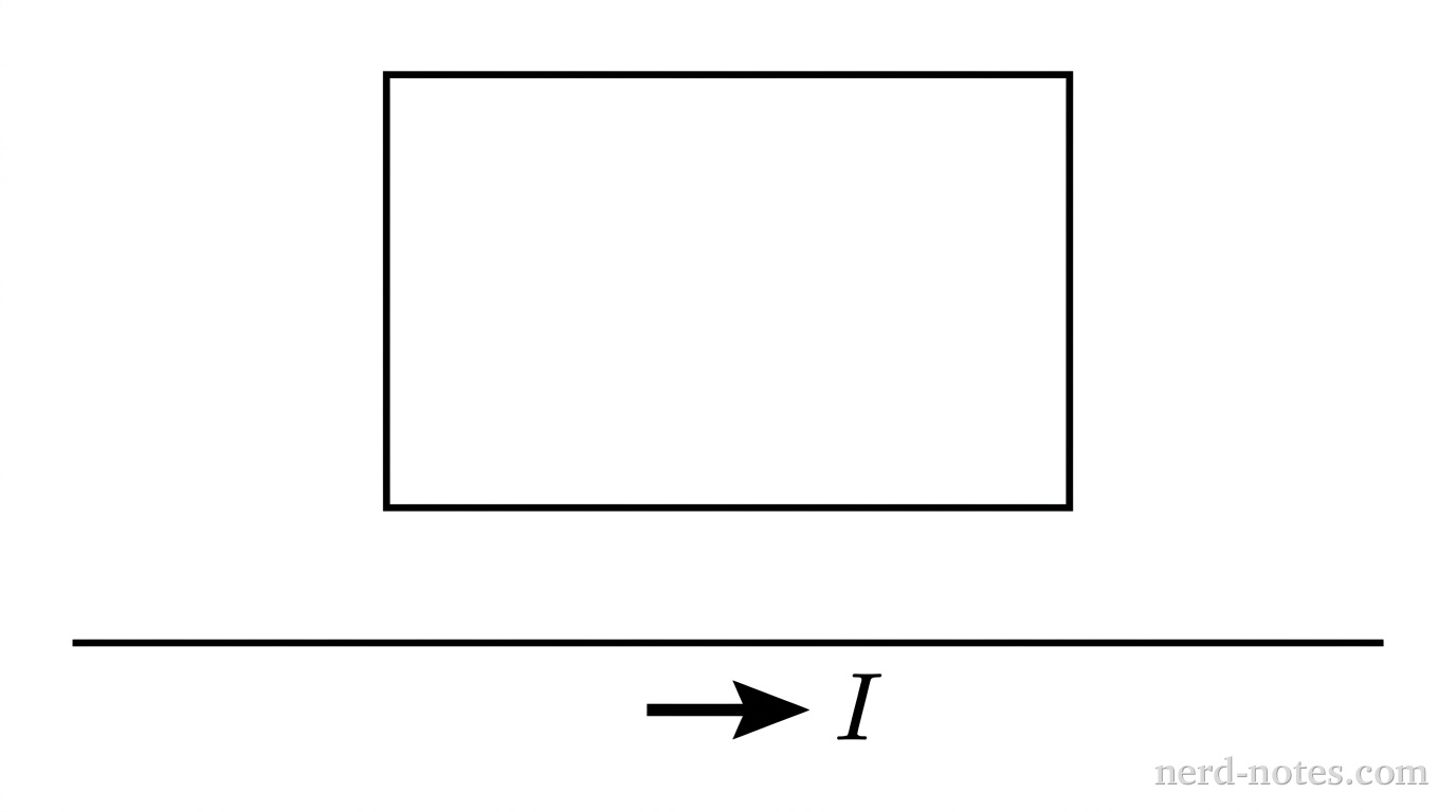 A schematic diagram in the plane of the page showing a long horizontal straight wire in the lower portion and a single rectangular loop positioned in the upper portion. The horizontal wire spans across the bottom region with a single arrow on it pointing to the right labeled \(I\). Directly above the wire, separated by a vertical gap, is a single planar rectangular loop with horizontal top and bottom sides parallel to the straight wire, and vertical left and right sides perpendicular to the wire. The entire loop and wire lie coplanar. No other labels, lines, arrows, or text appear.