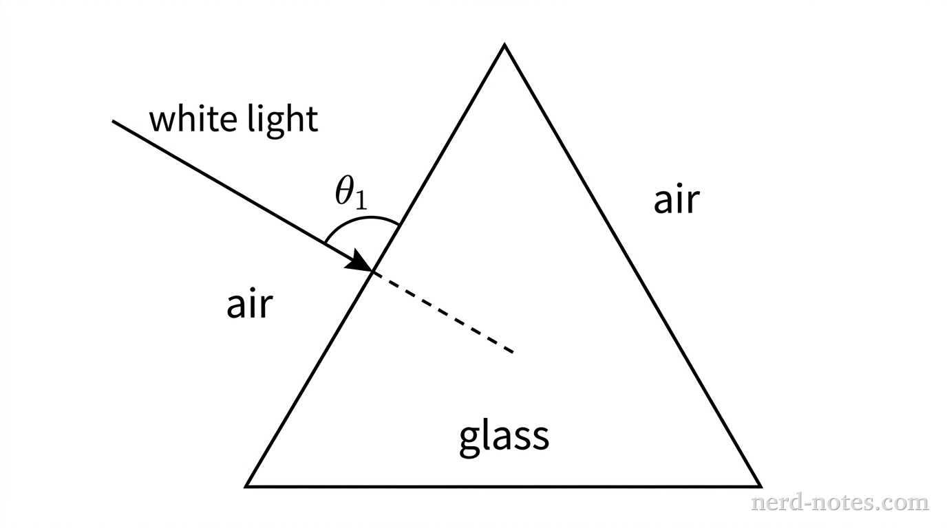 A ray of white light in air incident on the left face of a glass prism.