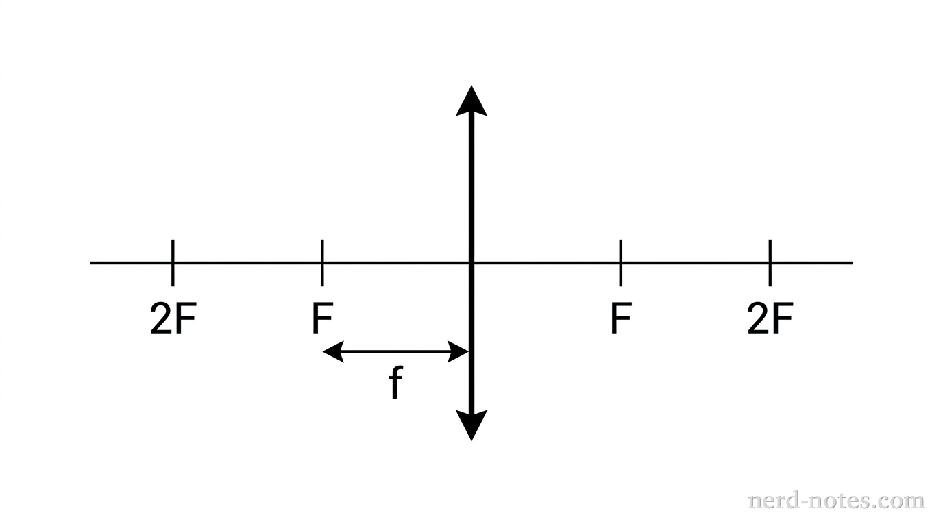 A thin converging lens of focal length \(f\) on an optical axis.