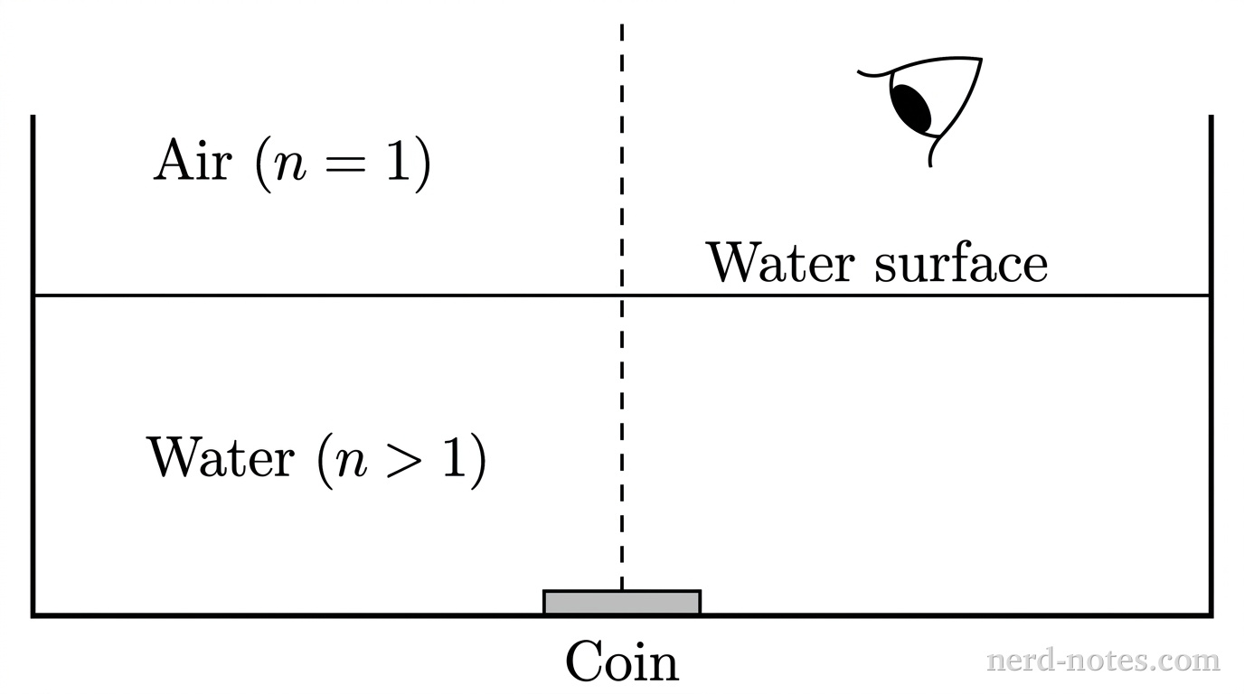 A cross-sectional schematic showing a rectangular container with a flat bottom and vertical walls. The lower two-thirds of the container is filled with water, indicated by a horizontal line representing the water surface labeled Water surface. The region below the line is labeled Water (n > 1) and the region above is labeled Air (n = 1). A small shaded rectangular disk labeled Coin rests horizontally at the center of the bottom floor. A dashed vertical line extends upward from the coin through the water surface into the air. An observer eye symbol is positioned above the water surface in the upper right, oriented looking diagonally downward toward the point where the dashed vertical line crosses the water surface. No other labels, lines, text, or axes appear.