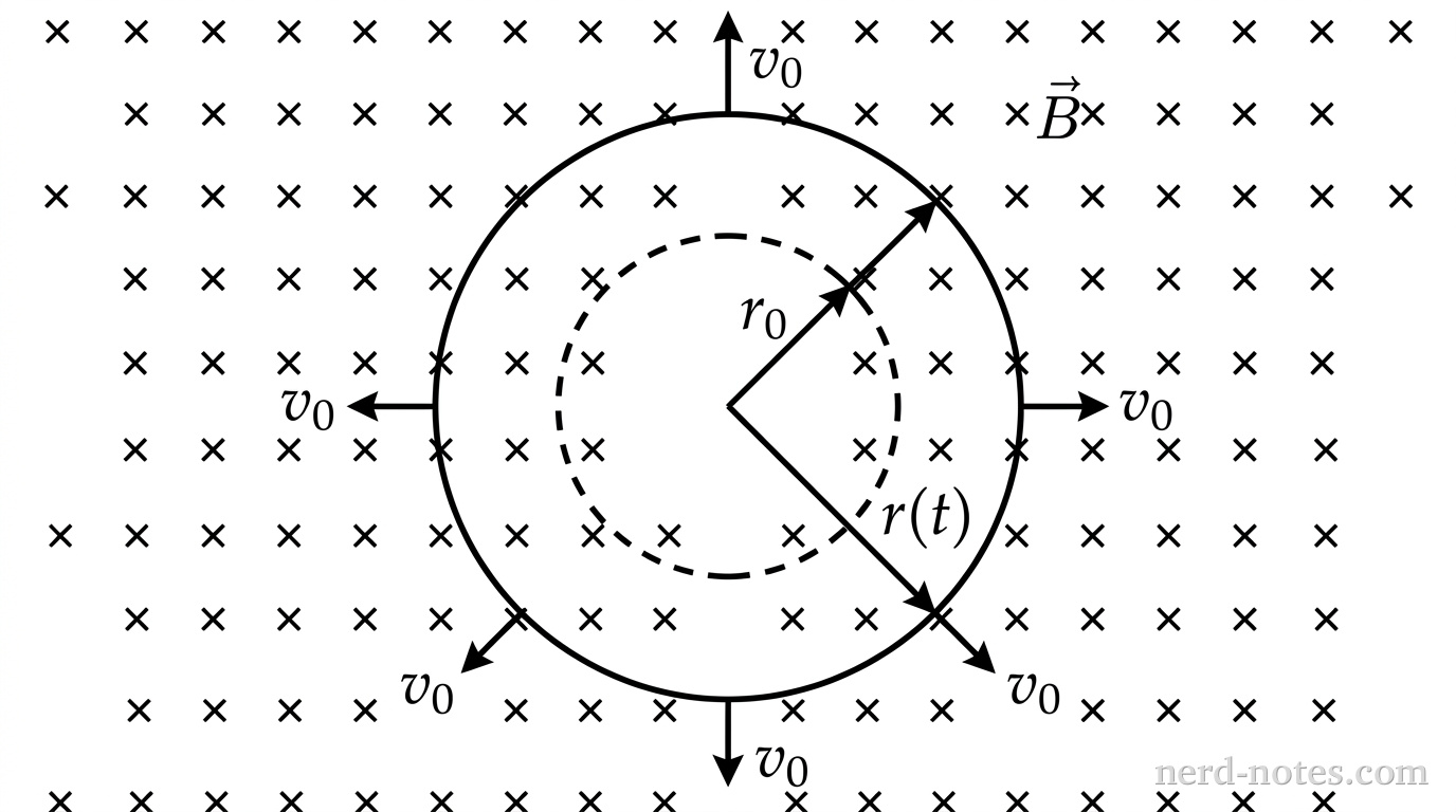 A circular loop of wire is centered in a region of uniform magnetic field directed perpendicularly into the page, represented by a grid of small x symbols. The loop has a dashed inner circle of radius \(r_0\) and a solid outer circle representing the expanded loop of radius \(r(t)\) at time \(t\). Four outward-pointing arrows, each labeled \(v_0\), are attached to the outer circle at the top, bottom, left, and right, indicating uniform radial expansion. A single straight radial line extends from the center to the outer perimeter, labeled \(r(t)\). A field symbol labeled \(\vec{B}\) appears in the upper right. No other labels, lines, text, or axes appear.