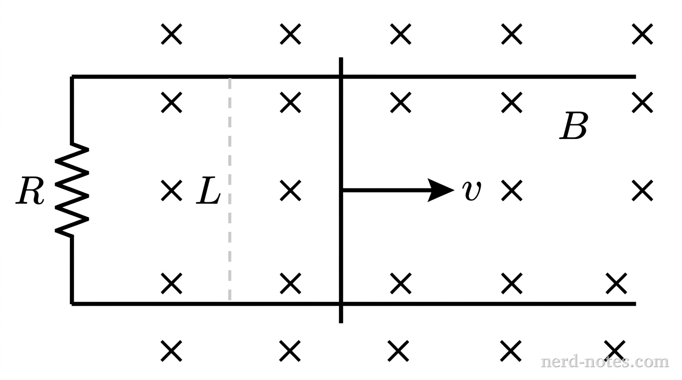 A schematic showing a horizontal rectangular circuit viewed from directly above. Two parallel horizontal line segments represent rails separated by a vertical distance labeled \(L\). A vertical zigzag symbol on the left connects the left ends of the two rails and is labeled \(R\). A vertical solid line segment representing a rod spans between the two rails. A horizontal arrow pointing to the right originates from the center of the rod and is labeled \(v\). Inside and around the rectangular loop, an array of exactly twelve evenly spaced cross symbols (x) arranged in three rows of four indicates a perpendicular magnetic field, labeled \(B\). A dashed vertical line with tick marks indicates the vertical separation \(L\) between the rails. No other labels, lines, text, or axes appear.