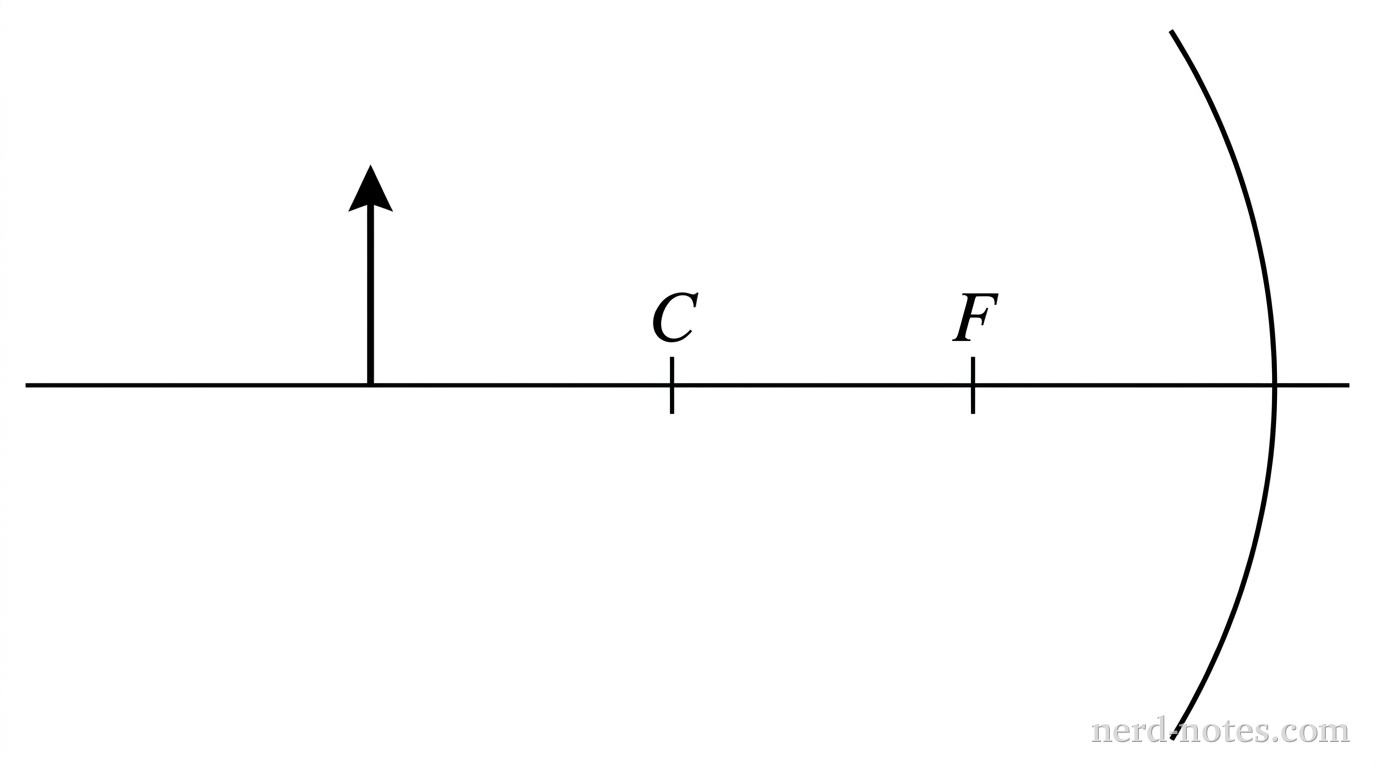 A horizontal line represents the principal axis. On the right, a concave spherical mirror is shown as a thin vertically curved arc facing left. Two tick marks lie on the principal axis to the left of the mirror: the focal point labeled F at distance f from the mirror, and the center of curvature labeled C at distance 2f from the mirror. To the left of C, a vertical upright solid arrow represents the object. Directly above the object arrow, a horizontal arrow points to the right toward the mirror, labeled v_0. No other labels, lines, text, or axes appear.