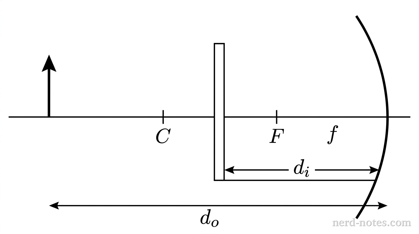 A horizontal line represents the optical bench axis. On the right, a concave spherical mirror is shown as a vertical curved arc with its reflective concave surface facing left. Along the axis to the left of the mirror, two tick marks are labeled F and C, where F is located a distance f from the mirror vertex and C is located a distance 2f from the vertex. To the left of C, a vertical upward-pointing arrow represents the illuminated object. A horizontal double-headed dimension arrow below the axis extends from the object arrow to the mirror vertex, labeled d_o. A vertical rectangular viewing screen stands between F and C, with a horizontal double-headed dimension arrow extending from the screen to the mirror vertex, labeled d_i. No other labels, lines, text, or axes appear.