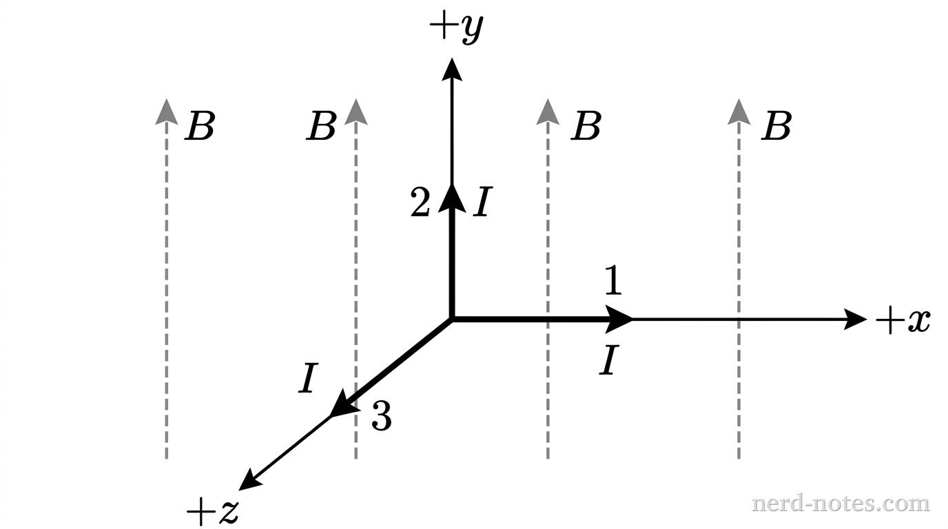 A three-dimensional Cartesian coordinate system with three axes meeting at an origin. A horizontal solid axis extending to the right is labeled +x. A vertical solid axis extending toward the top is labeled +y. A solid axis extending diagonally downward and to the left is labeled +z. Three thick solid line segments representing wires start near the origin: Segment 1 lies along the +x-axis with an arrowhead pointing in the +x-direction labeled I; Segment 2 lies along the +y-axis with an arrowhead pointing in the +y-direction labeled I; Segment 3 lies along the +z-axis with an arrowhead pointing in the +z-direction labeled I. Four parallel upward-pointing dashed arrows distributed across the background are labeled B. No other labels, lines, text, or axes appear.