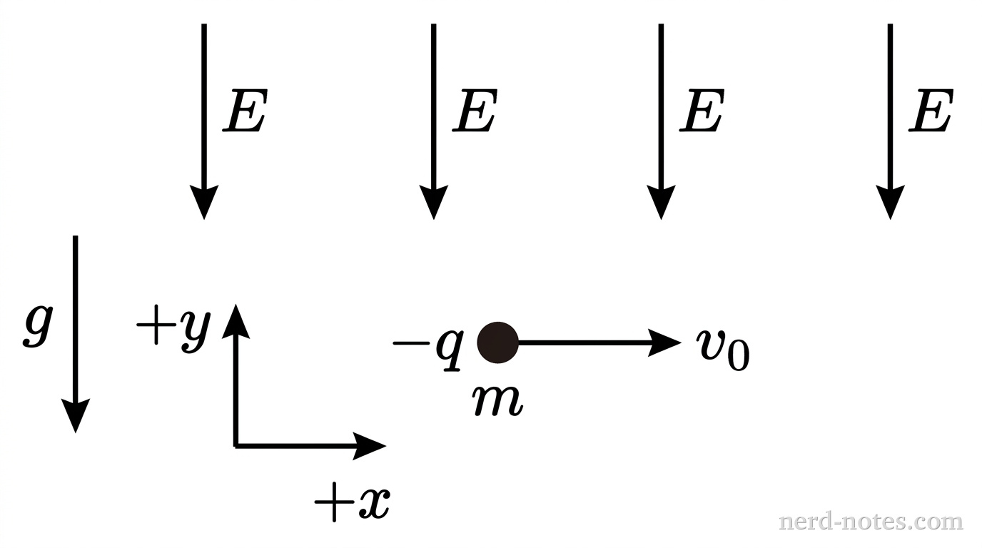 A schematic diagram showing a small solid dark circle labeled \(-q\) and \(m\) in the center. A single horizontal arrow extends to the right from the droplet, labeled \(v_0\). Directly to the left, a coordinate reference is shown with a vertical arrow pointing upward labeled \(+y\) and a horizontal arrow pointing right labeled \(+x\). A downward-pointing vertical arrow on the far left is labeled \(g\). Four parallel downward-pointing vertical arrows are distributed horizontally across the upper region, each labeled \(E\). No other labels, lines, text, or axes appear.