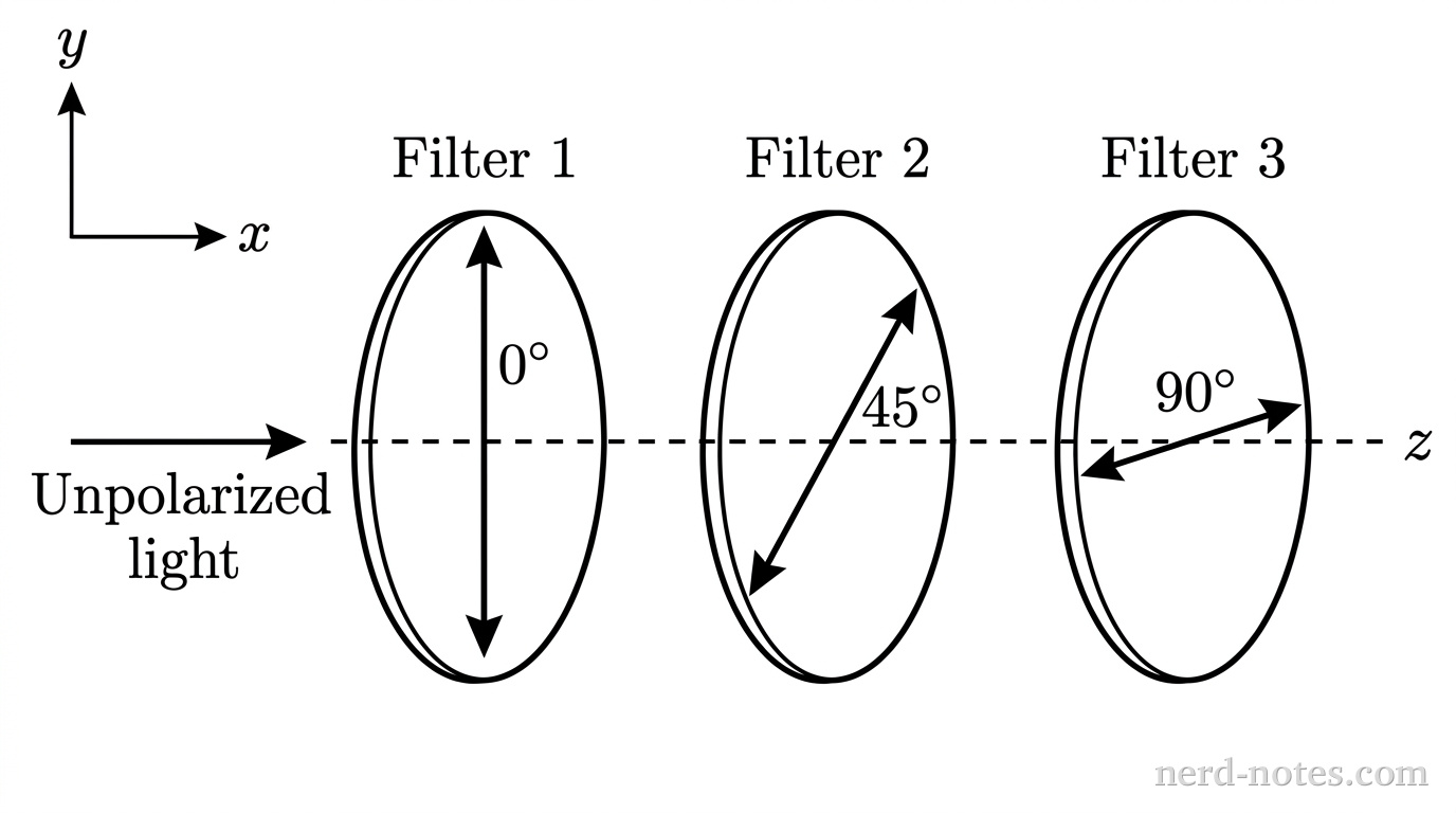 Three sequential polarizing filters oriented at 0^\circ, 45^\circ, and 90^\circ relative to the vertical y-axis.