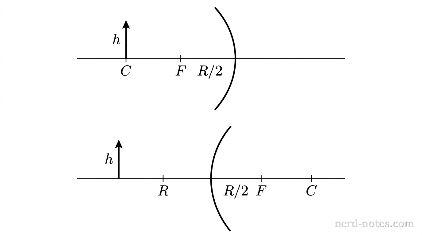 Two diagrams arranged vertically. The upper diagram shows a horizontal principal axis line with a vertical curved arc representing a concave spherical mirror facing left. Ticks on the axis to the left of the mirror mark the focal point labeled F at distance R/2 and the center of curvature labeled C at distance R. A vertical upward-pointing solid arrow representing an object of height h stands at C. The lower diagram shows a horizontal principal axis line with a vertical curved arc representing a convex spherical mirror bulging toward the left. Ticks on the axis to the right of the mirror mark the focal point labeled F at distance R/2 and the center of curvature labeled C at distance R. A vertical upward-pointing solid arrow of height h stands to the left of the mirror at distance R. No other labels, lines, text, or axes appear.