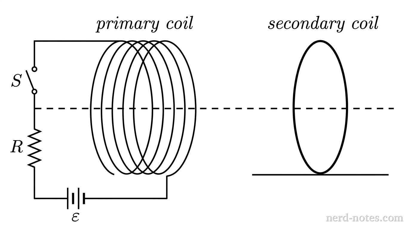 A schematic diagram showing two coaxial circular coils sharing a horizontal dashed central axis. On the left, a multi-loop cylindrical coil labeled primary coil is wired into a series circuit containing an open switch labeled S, a resistor labeled R, and a battery labeled \varepsilon. On the right, along the same horizontal dashed line, a closed single-loop circular ring labeled secondary coil rests on a flat horizontal support line. No other labels, lines, text, or axes appear.