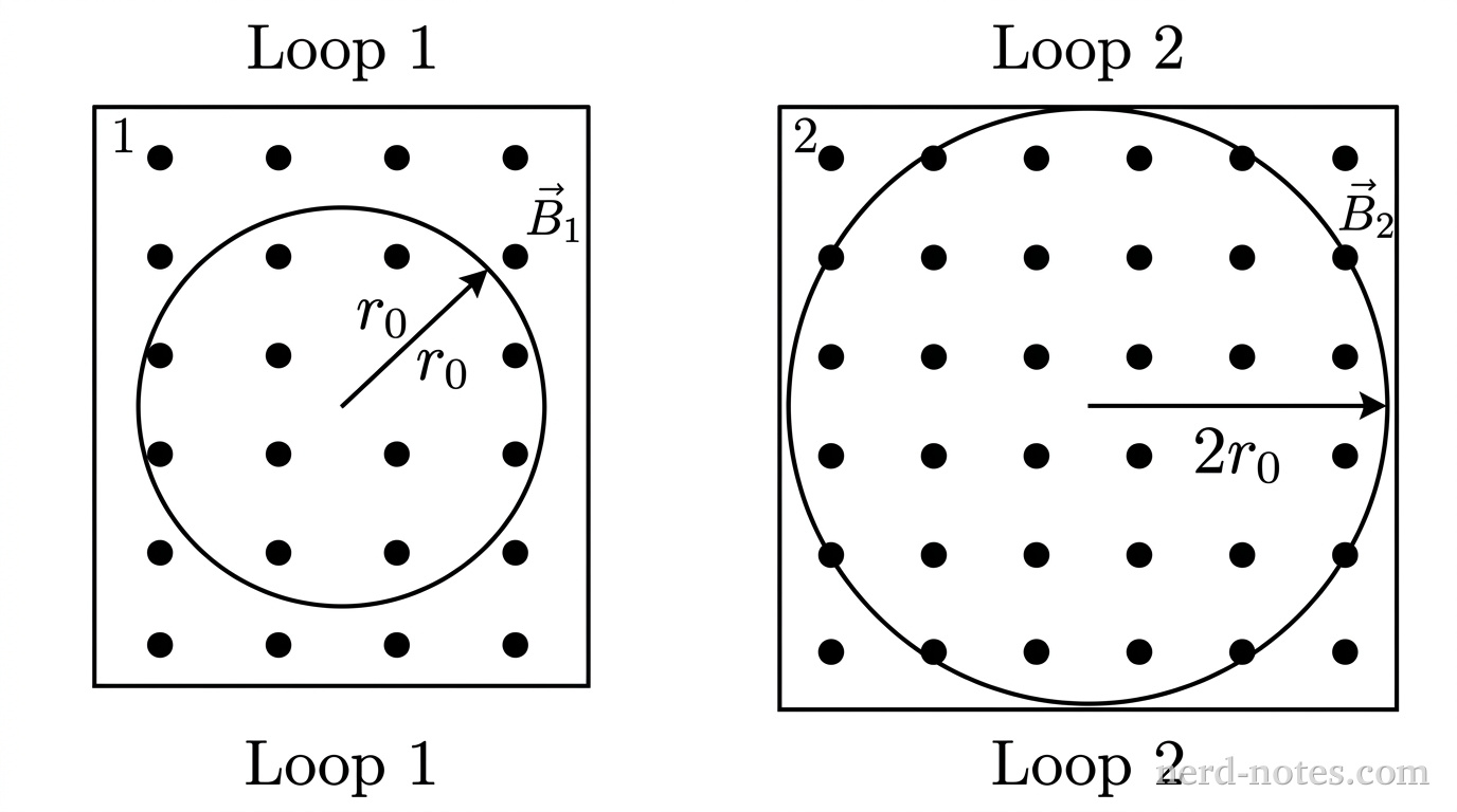 A grayscale schematic showing two side-by-side circular loops labeled Loop 1 on the left and Loop 2 on the right. Loop 1 is drawn as a circle of radius \(r_0\) lying in the plane of the page, surrounded by a rectangular boundary containing a uniform grid of four rows and four columns of dots representing a perpendicular magnetic field \(\vec{B}_1\). A straight arrow labeled \(r_0\) extends from the center of Loop 1 to its perimeter. Loop 2 is drawn as a larger circle of radius \(2r_0\) lying in the plane of the page, surrounded by a rectangular boundary containing a uniform grid of six rows and six columns of dots representing a perpendicular magnetic field \(\vec{B}_2\). A straight arrow labeled \(2r_0\) extends from the center of Loop 2 to its perimeter. No other labels, lines, text, or axes appear.
