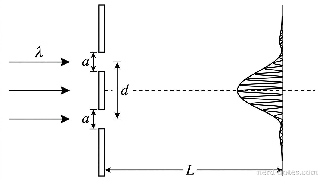 Double-slit setup showing individual slit width \(a\), slit separation \(d\), and screen distance \(L\).