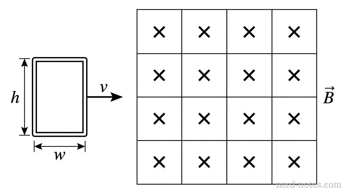 A rectangular region in the center is filled with an evenly spaced four-by-four grid of sixteen \times symbols labeled \vec{B}. To the left of this region, a single rectangular wire loop of height h and width w sits entirely in the field-free area. A horizontal arrow labeled v extends from the right edge of the wire loop, pointing horizontally to the right toward the magnetic field region. No other labels, lines, text, or axes appear.