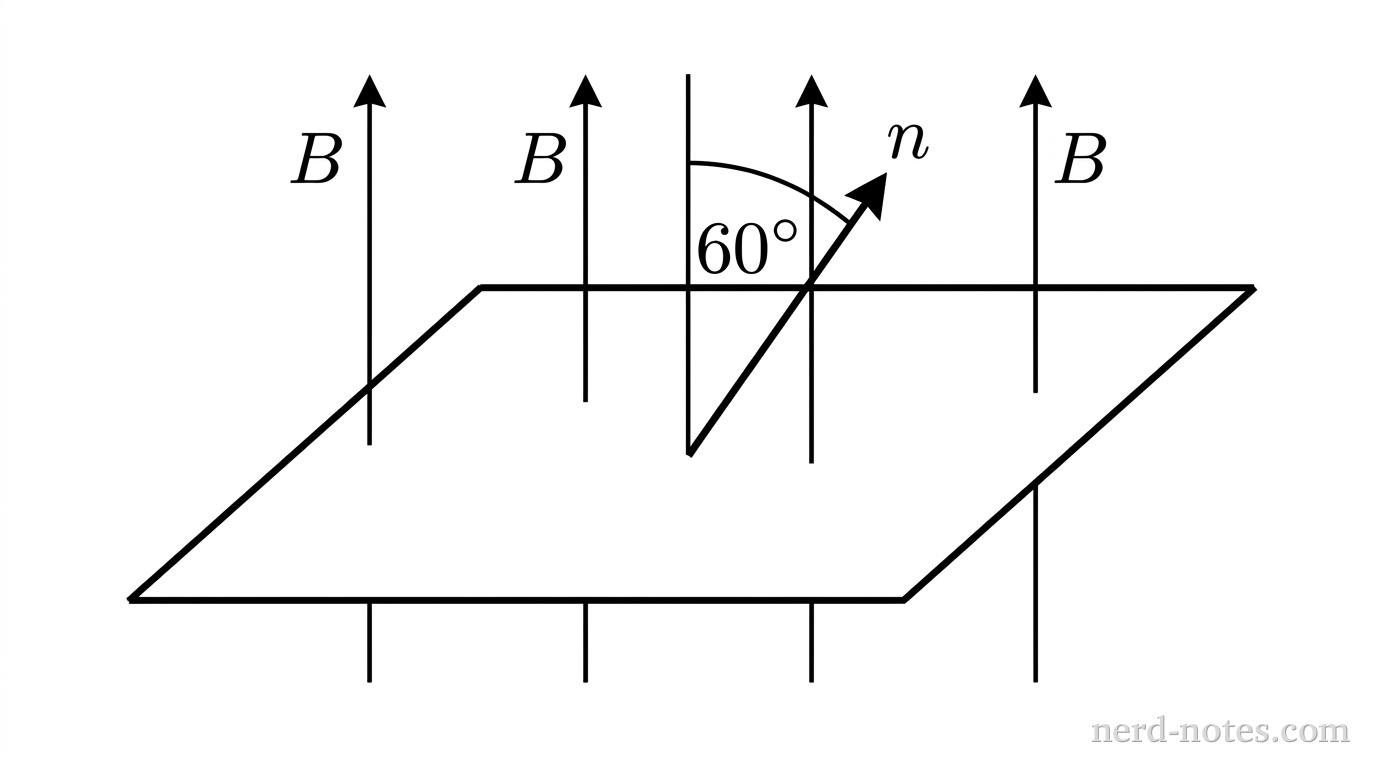A flat parallelogram represents a rectangular wire loop viewed in perspective, tilted relative to the vertical. An arrow labeled n represents the normal vector pointing perpendicular to the face of the loop, tilted 60 degrees to the right of the vertical. Four vertical upward solid arrows, labeled B, represent the uniform magnetic field lines passing across the region of the loop. An arc between the vertical direction of the field arrows and the normal vector n is labeled 60^{\circ}. No other labels, lines, text, or axes appear.
